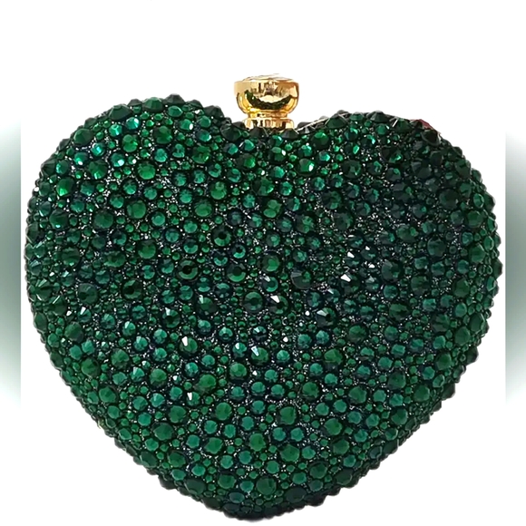 Elegant Green Rhinestone Crystal Diamante Heart Clutch